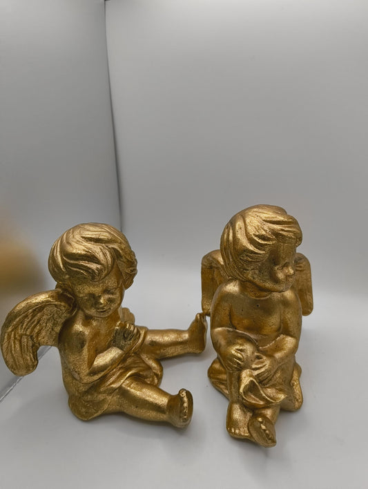 wood spray painted Golden Angels boy and girl height ca 13 cm 2 nd Hand Christmas / Christian decorations