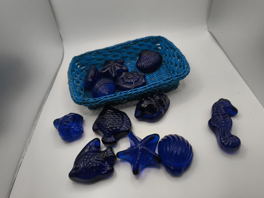 Vintage Basket of deep Blue Glass Stones Maritime Fishes Shells for Decoration Bathroom Toilet Pool