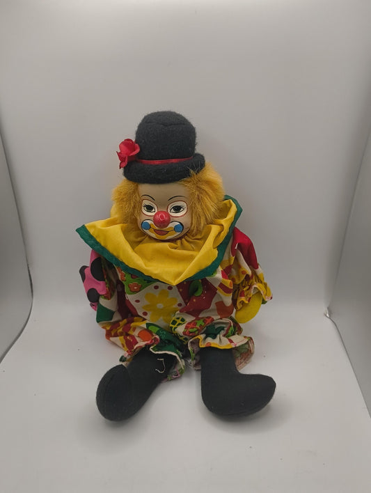 Original Harlequin Doll gruseliger Clown buntes Gewand Fedora orangene Haare