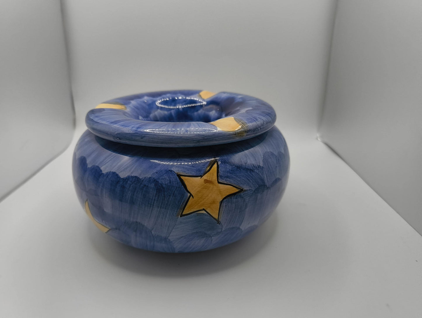 Vintage Water Ashtray Ceramic Stars Moon Blue handpainted