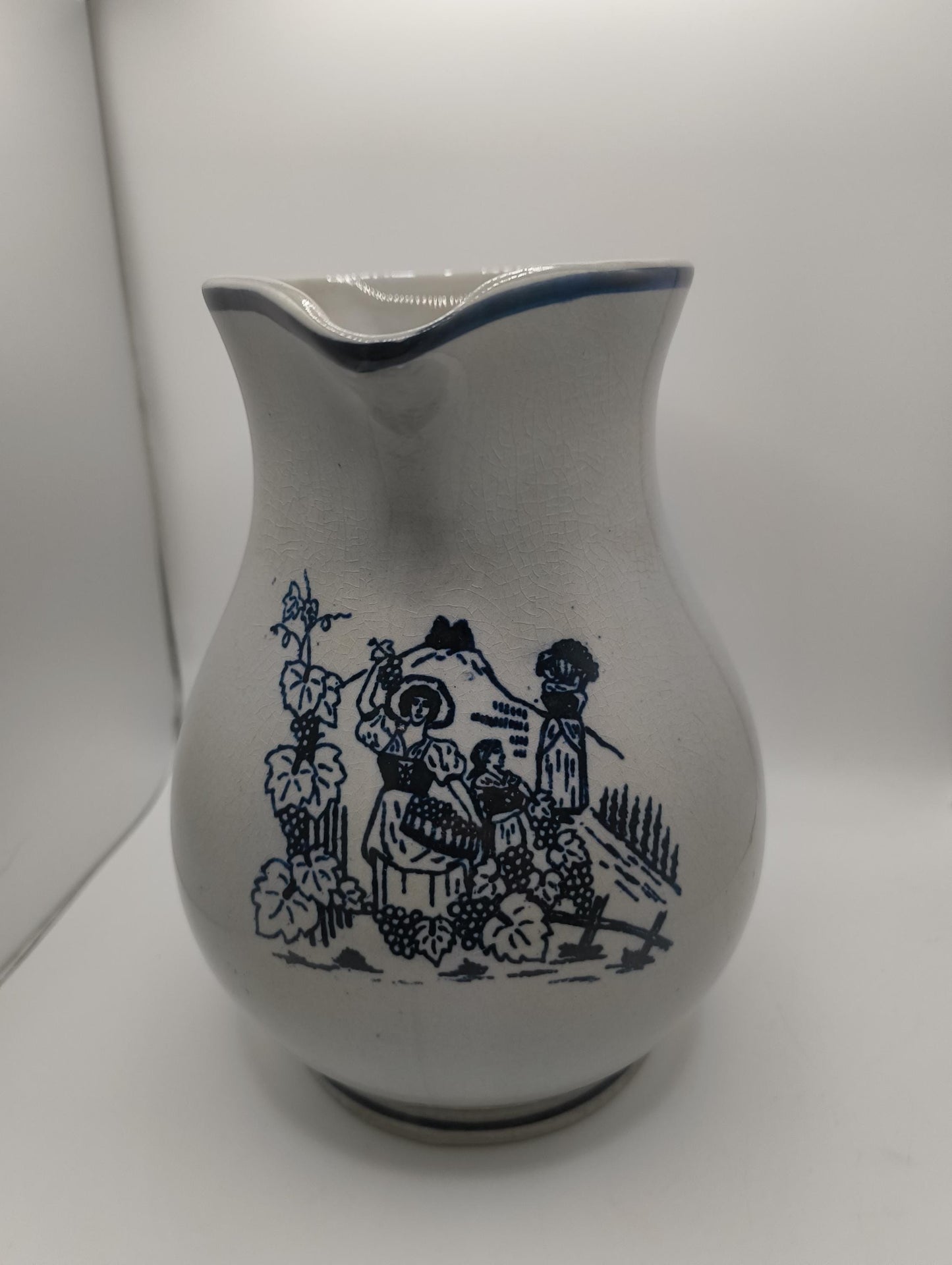 Vintage blue Pitcher "Frauen bei der Weinernte" Germany Vase apr 18 cm Long glazed ceramic